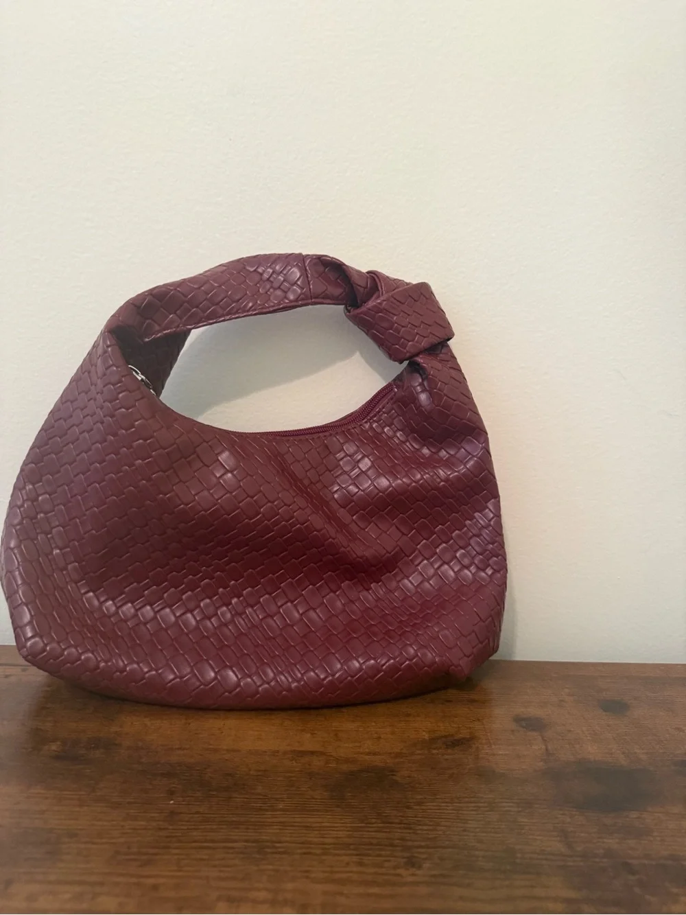 Vintage Inspired Burgundy Woven Faux Leather Hobo Shoulder Bag